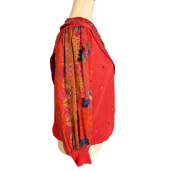 Vintage Diane Freis Long Sleeve Mixed Media Blouse Statement Collar Silk Red - Picture 3 of 12